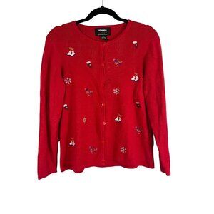 Studio Joy Sweater Women PL Red Button Down Festive Christmas Embroidery Holiday